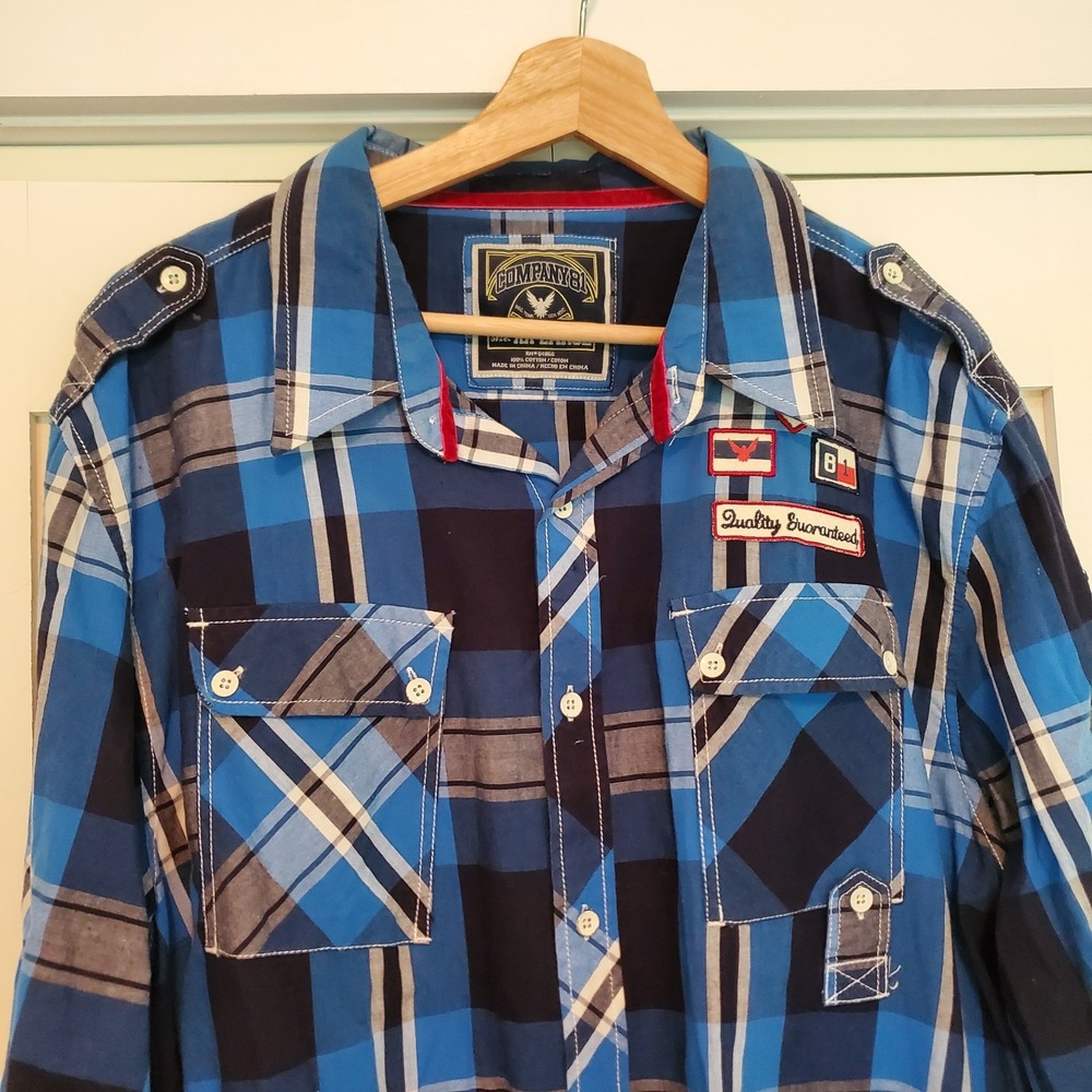 Y2K Plaid Long Sleeve Button Up Shirt Mens 2XL Patches Grunge Punk Rock Blue XXL